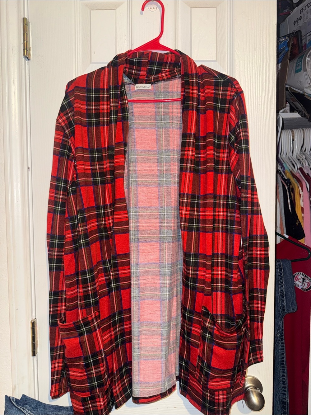 Red Plaid Open-Front Women's Cardigan Sweater